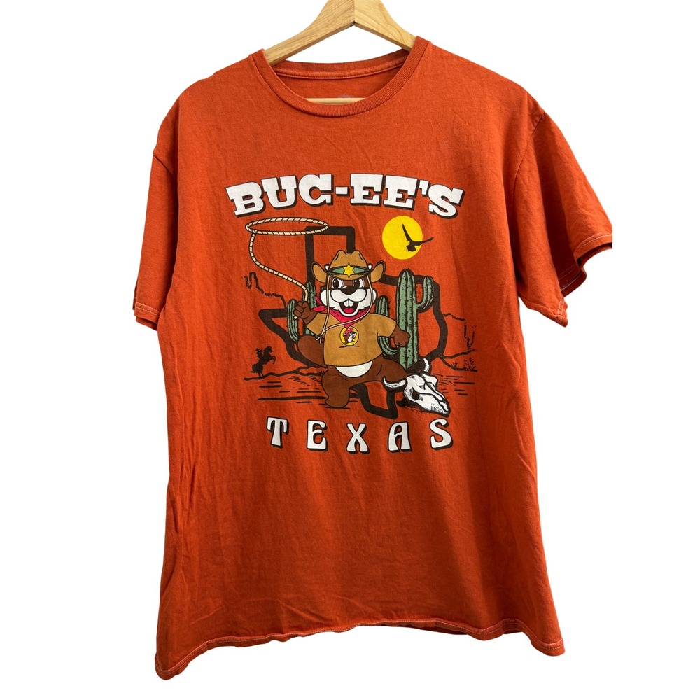 Buc-ee's Texas‎ Cowboy Beaver Graphic T-Shirt Mens Large Orange Short Sleeve